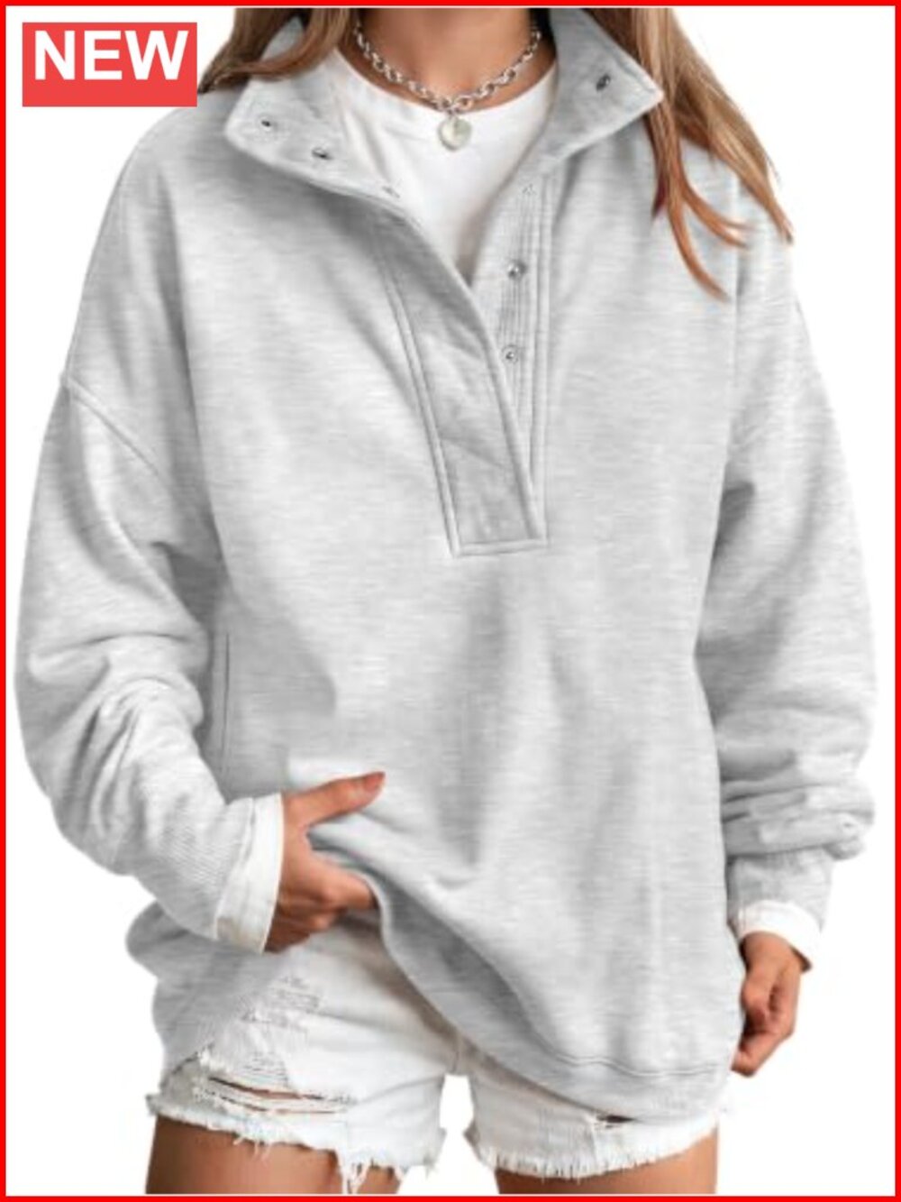 Women's Oversized Snap Button Henley Sweatshirt Fleece Cotton Pullover Long
